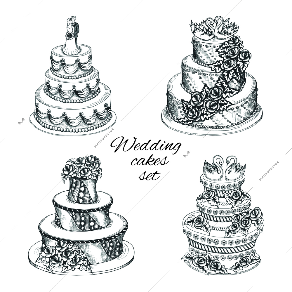 Set of sweet wedding celebration cakes with decoration flower garland swans and couple isolated vector illustration