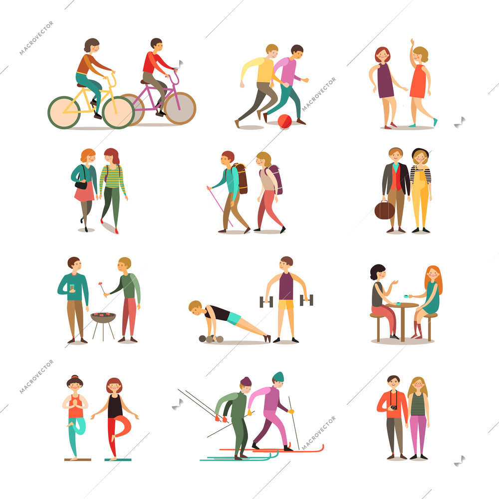 Friends and hobbies decorative icons set with hiking dancing soccer skiing barbecue sightseeing isolated vector illustration