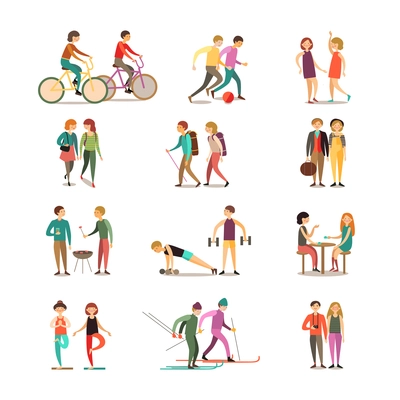 Friends and hobbies decorative icons set with hiking dancing soccer skiing barbecue sightseeing isolated vector illustration