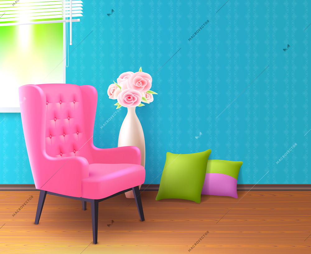 Cute pink realistic soft chair interior poster with pillows on the floor and colored walls around vector illustration