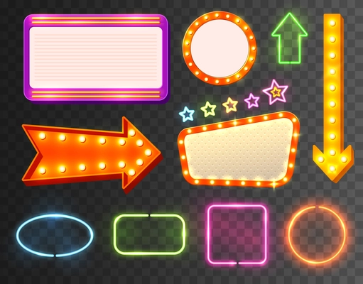 Neon sign icon set multicolored flashing and shimmering with little lights on transparent background vector illustration