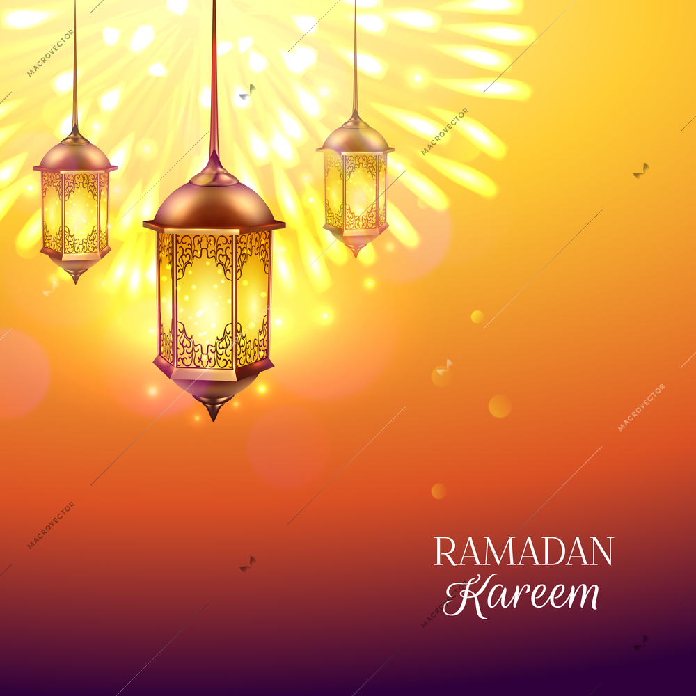 Ramadan colored poster with burning lights on background golden lamp and title Ramadan kareen vector illustration