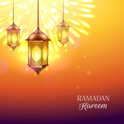 Ramadan colored poster with burning lights on background golden lamp and title Ramadan kareen vector illustration