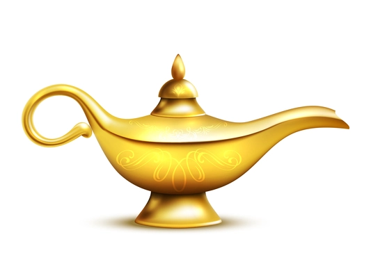 Aladdin yellow iron lamp isolated icon with shadow and ornaments on white background vector illustration