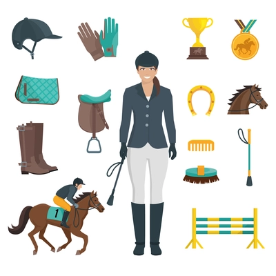 Set of flat color icons with white background depicting jockey equipment and horse vector illustration