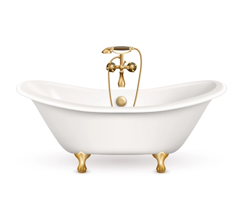 Realistic retro bathtub icon white with golden arms and legs and shadow at the bottom vector illustration