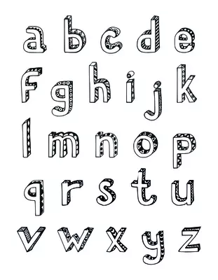 Sketch hand drawn 3d alphabet of small lower case letters isolated vector illustration