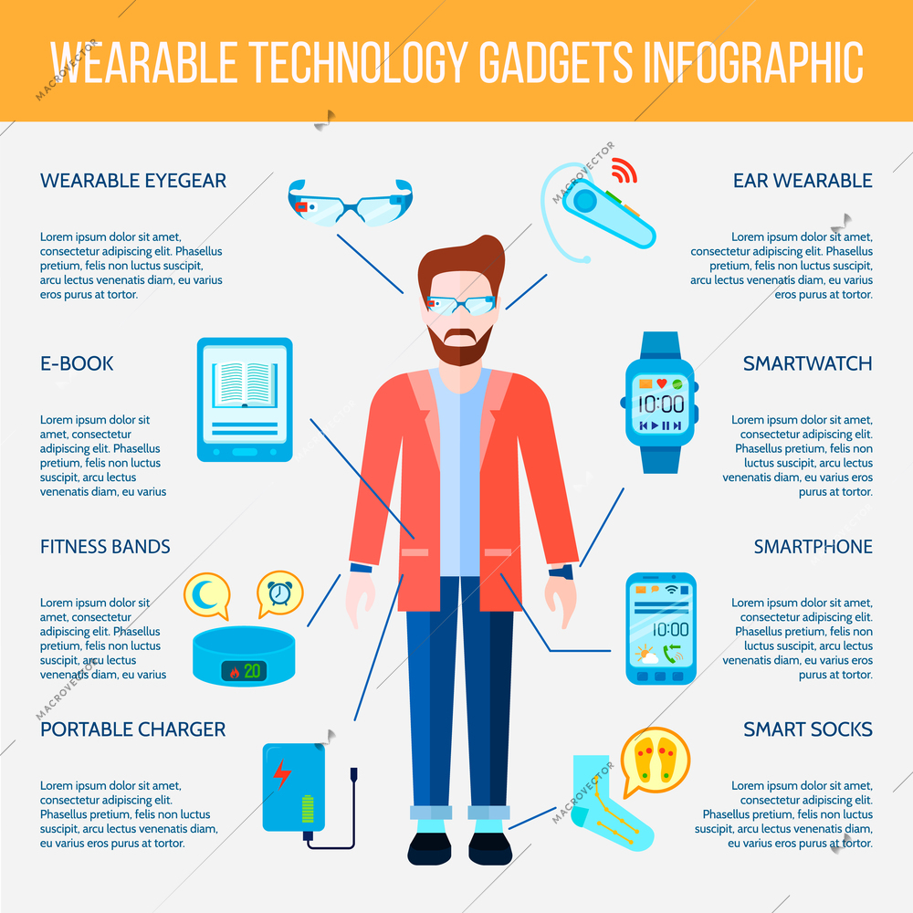 Wearable Gadgets Infographic Set. Wearable Gadgets Information.Wearable Gadgets Flat Set. Wearable Gadgets Vector Illustration.