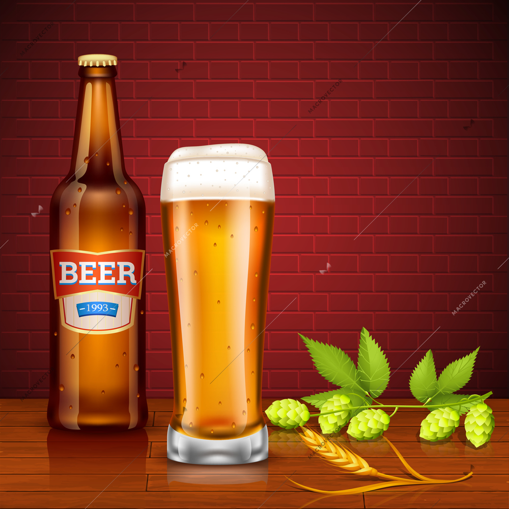 Design concept with beer bottle full glass of lager spike of barley and hop cones on brick wall background vector illustration