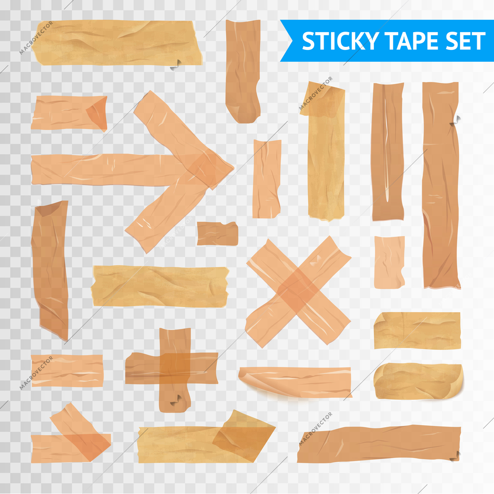 Adhesive sticky sealing duck tape strips various applications icons  collection with transparent background realistic vector illustration