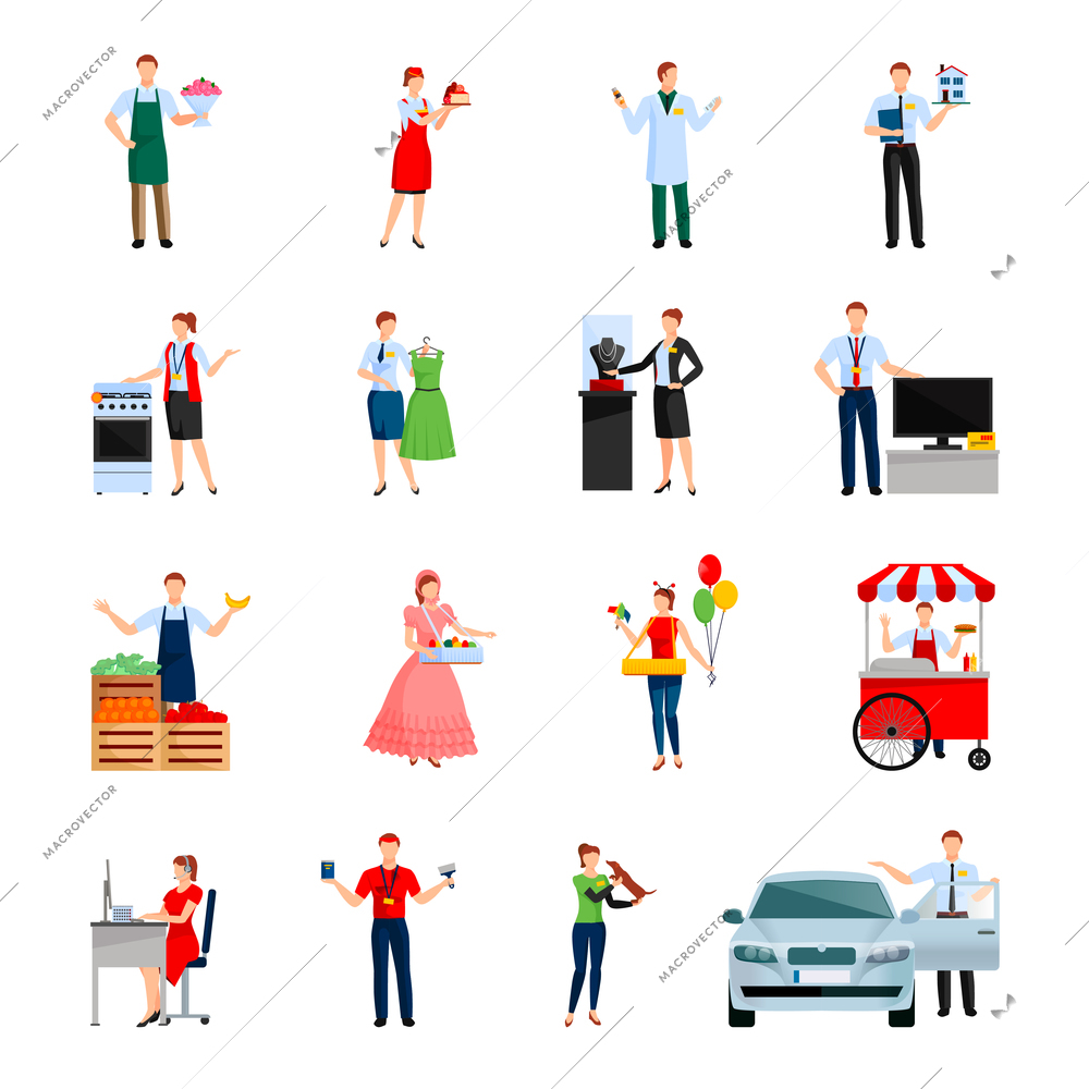 Sellers decorative icons set with sale of flowers cars icecream house feed for pet isolated vector illustration