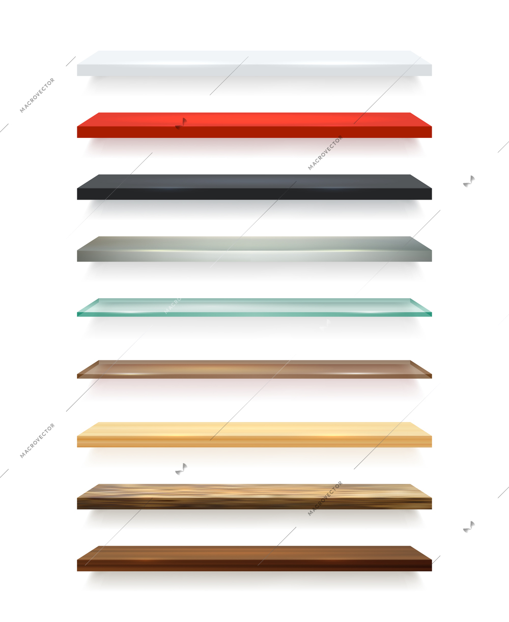 Realistic different colors wooden shelves set attached to the white wall and with shadows vector illustration