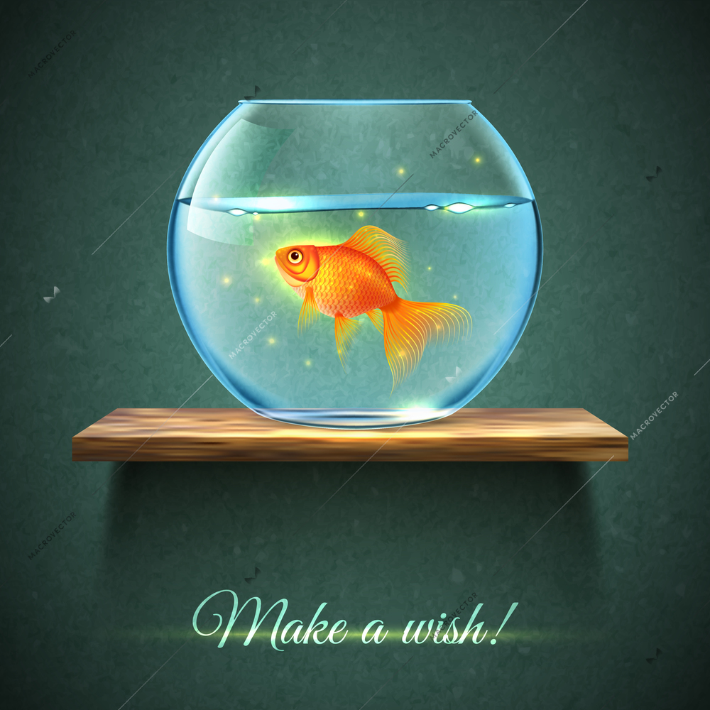 Realistic aquarium with gold fish on a wooden shelf poster and title make a wish vector illustration