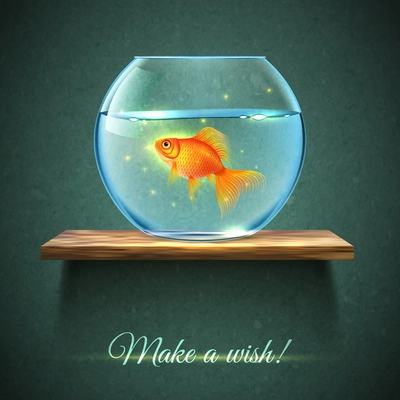 Realistic aquarium with gold fish on a wooden shelf poster and title make a wish vector illustration