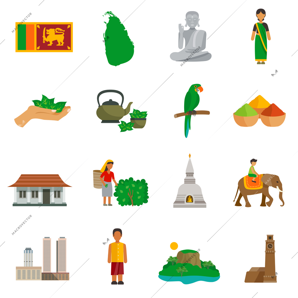 Set of color flat icons of Sri Lanka landmarks and culture features vector illustration