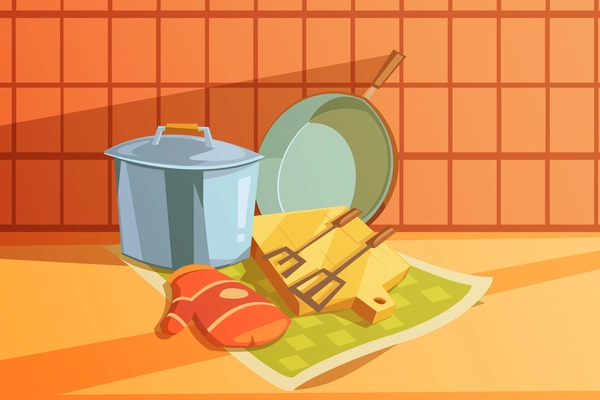 Kitchen utensils with saucepan chopping board and frying pan cartoon vector illustration