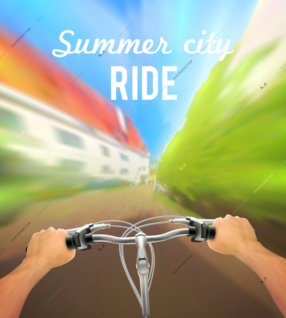 Handlebar colored poster with man on bike rides in the city and description summer city ride vector illustration