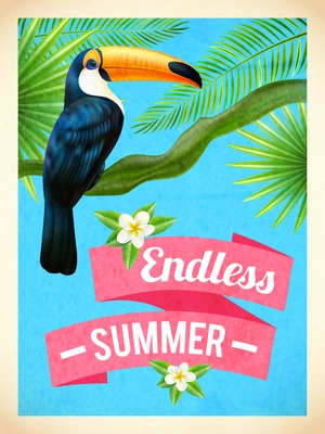 Endless summer vacation travel poster with toucan bird and hibiscus flowers in rain forest abstract vector illustration