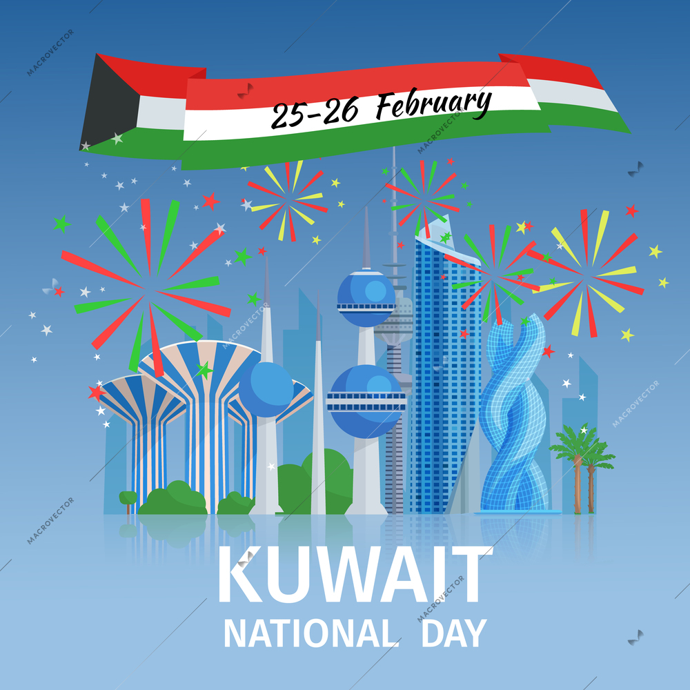 Kuwait national day poster with cityscape of capital famous buildings and decorative fireworks  vector illustration