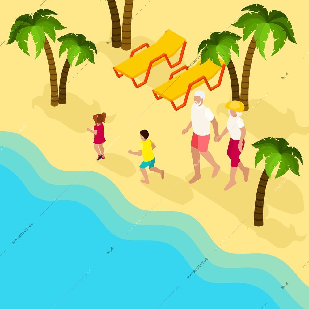 Elderly retired couple with grandchildren at the tropical beach isometric banner family vacation abstract vector illustration
