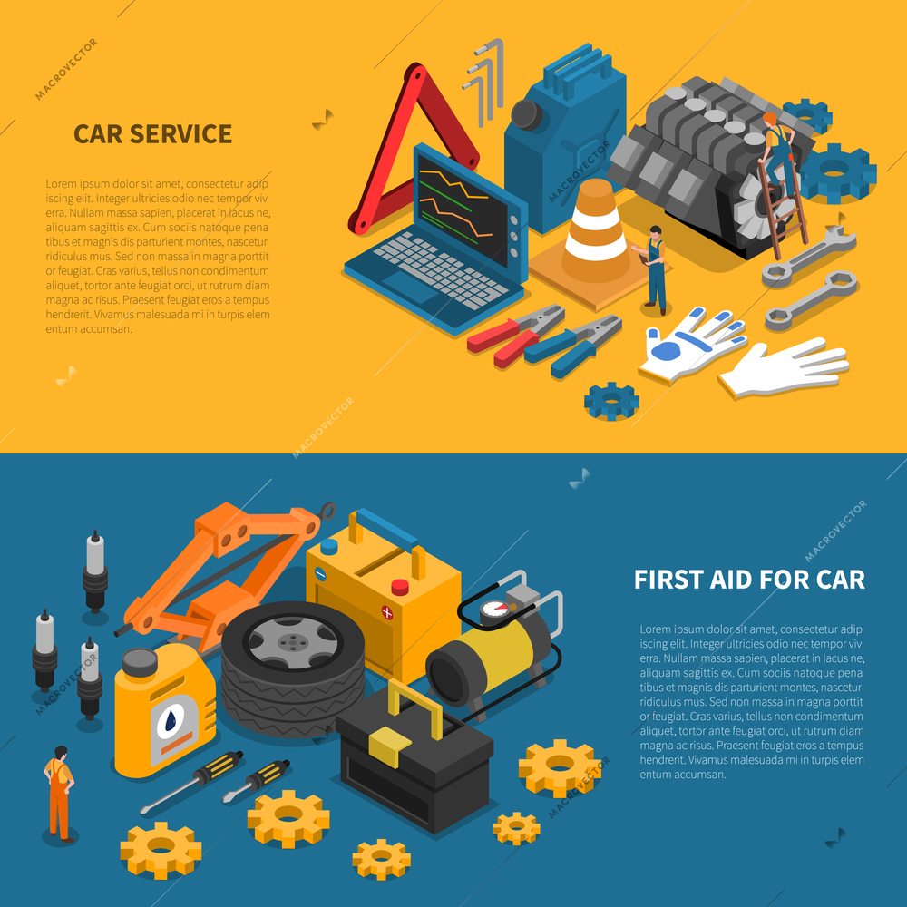 Tools isometric banner set with various kits of instruments used in car service vector illustration