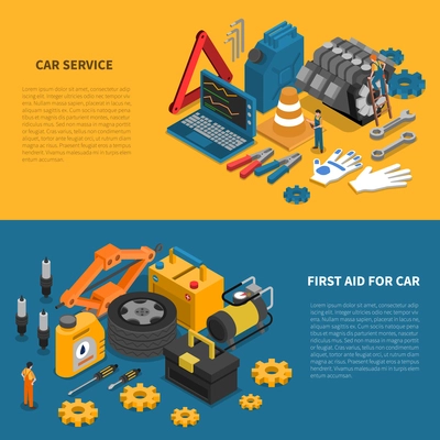 Tools isometric banner set with various kits of instruments used in car service vector illustration