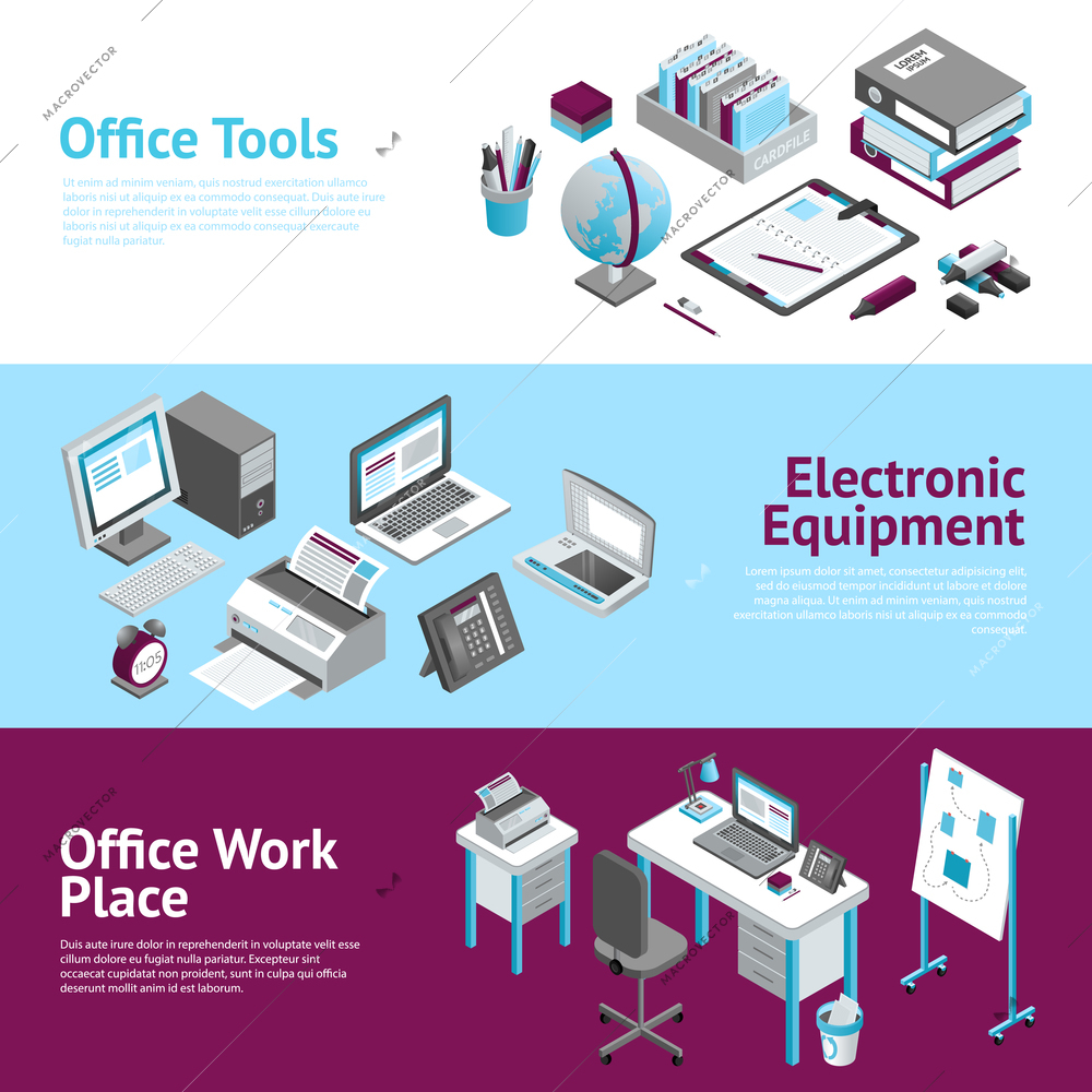 Modern office workplace desk organizer accessories 3 flat horizontal banners set with agenda planner abstract vector illustration