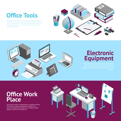 Modern office workplace desk organizer accessories 3 flat horizontal banners set with agenda planner abstract vector illustration