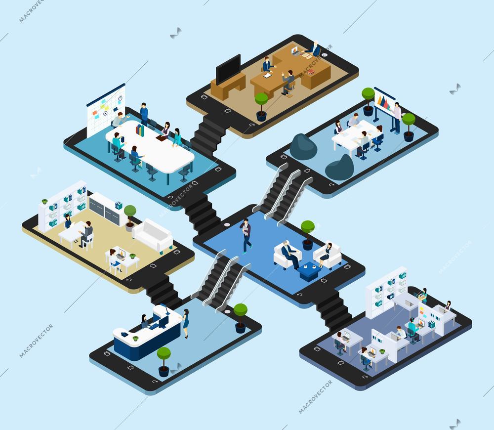 Isometric abstract scheme with 3d  icons of rooms of online office placed on tablet styled platforms vector illustration