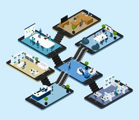 Isometric abstract scheme with 3d  icons of rooms of online office placed on tablet styled platforms vector illustration