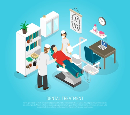 Medical oral treatment in dentist clinic  with patient in the chair and assistant isometric abstract vector illustration