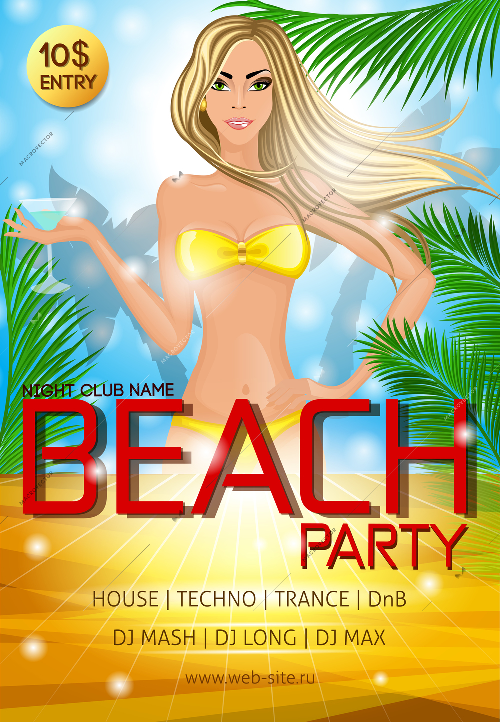 Nightclub beach party advertising poster with beautiful sexy bikini girl cocktail drink and tropical decor vector illustration