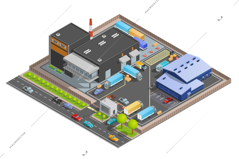 Guarded with checkpoint cargo terminal for trucks office building and parking warehouse composition isometric vector illustration