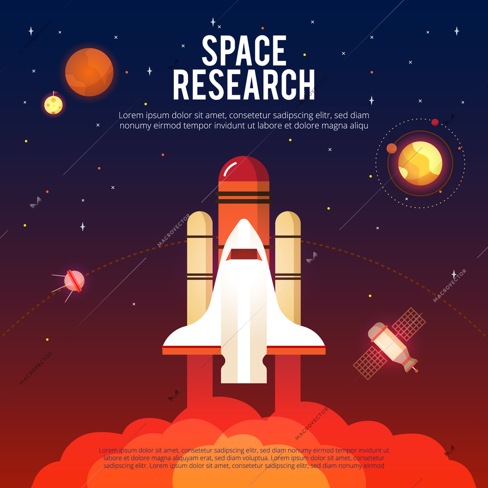 Space research and exploration colorful poster with shuttle launch satellite and international station flat abstract vector illustration