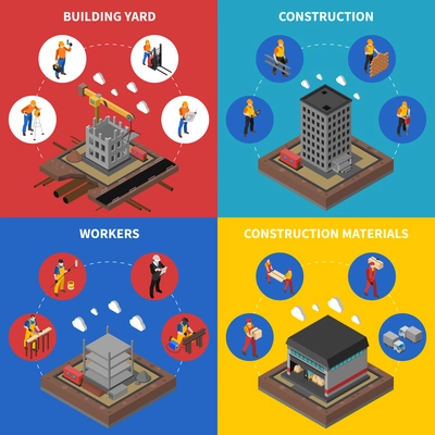 Construction Isometric Concept. Builder Icons Set. Building Industry Vector Illustration. Construction Industry Symbols. Construction Design Set.Construction  Elements Collection.