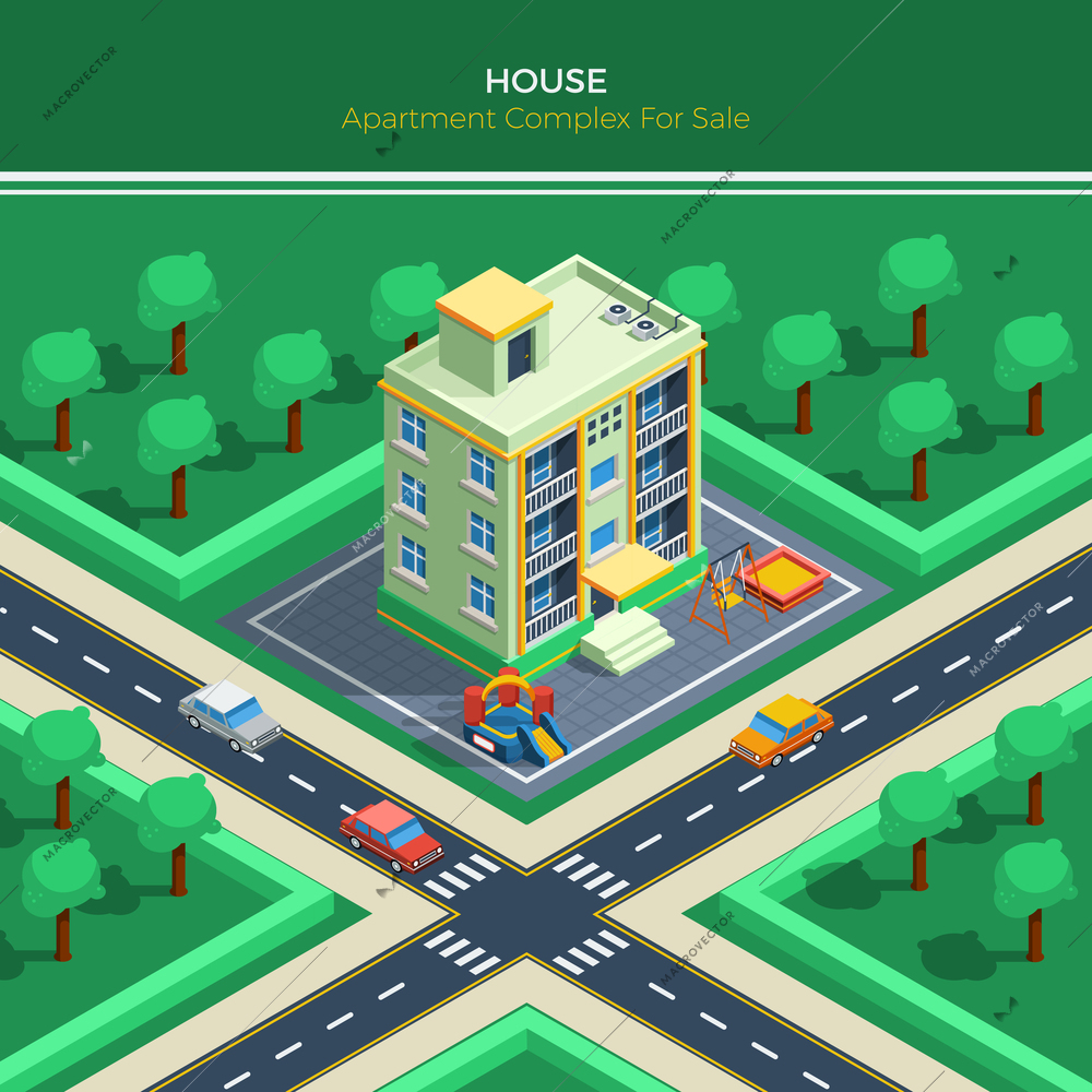 Top view on isometric city landscape with apartment house children playground crossroad and green park around vector illustration