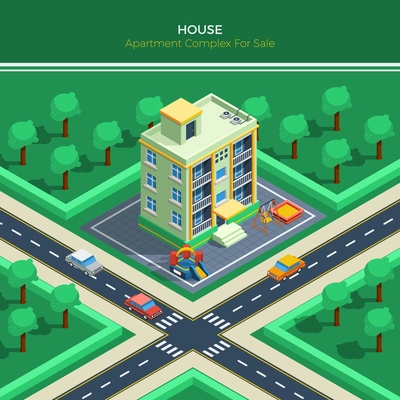 Top view on isometric city landscape with apartment house children playground crossroad and green park around vector illustration