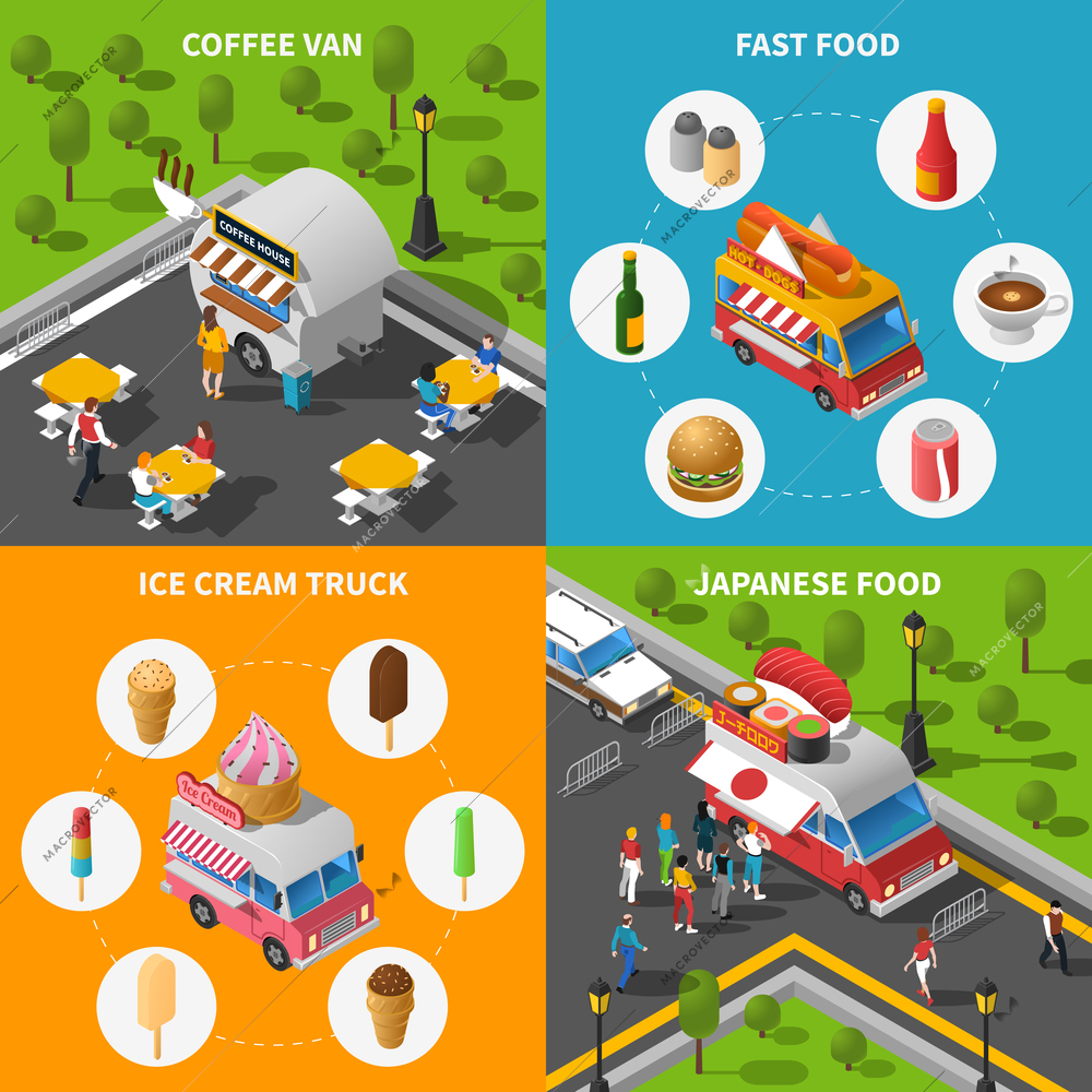 Street Food Isometric Concept. Street Food Car Icons Set. Street Food Cart Vector Illustration. Street Food Truck Symbols. Street Food Truck Design Set.  Street Food Van Elements Collection.