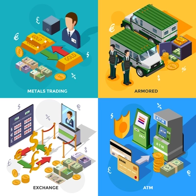 Bank 2x2 isometric design concept set with armored trucks cash machines metals trading and exchange rate compositions vector illustration