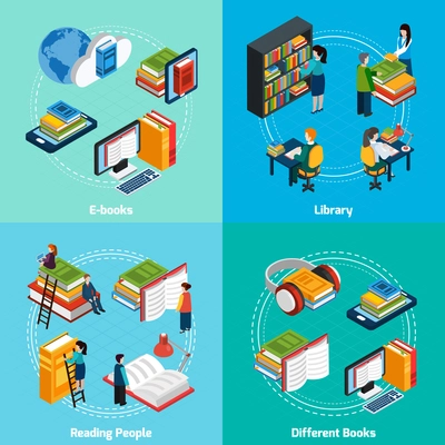Isometric 2x2 compositions presenting classic library e-books reading people and different types of books vector illustration