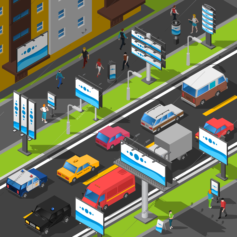 Street Advertising Illustration. Signboard Isometric Vector. Advertising Billboards On The Street. Street Billboards Design.