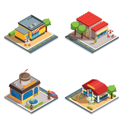 Colorful cafe restaurant pizzeria 3d isometric icons set on white background isolated vector illustration