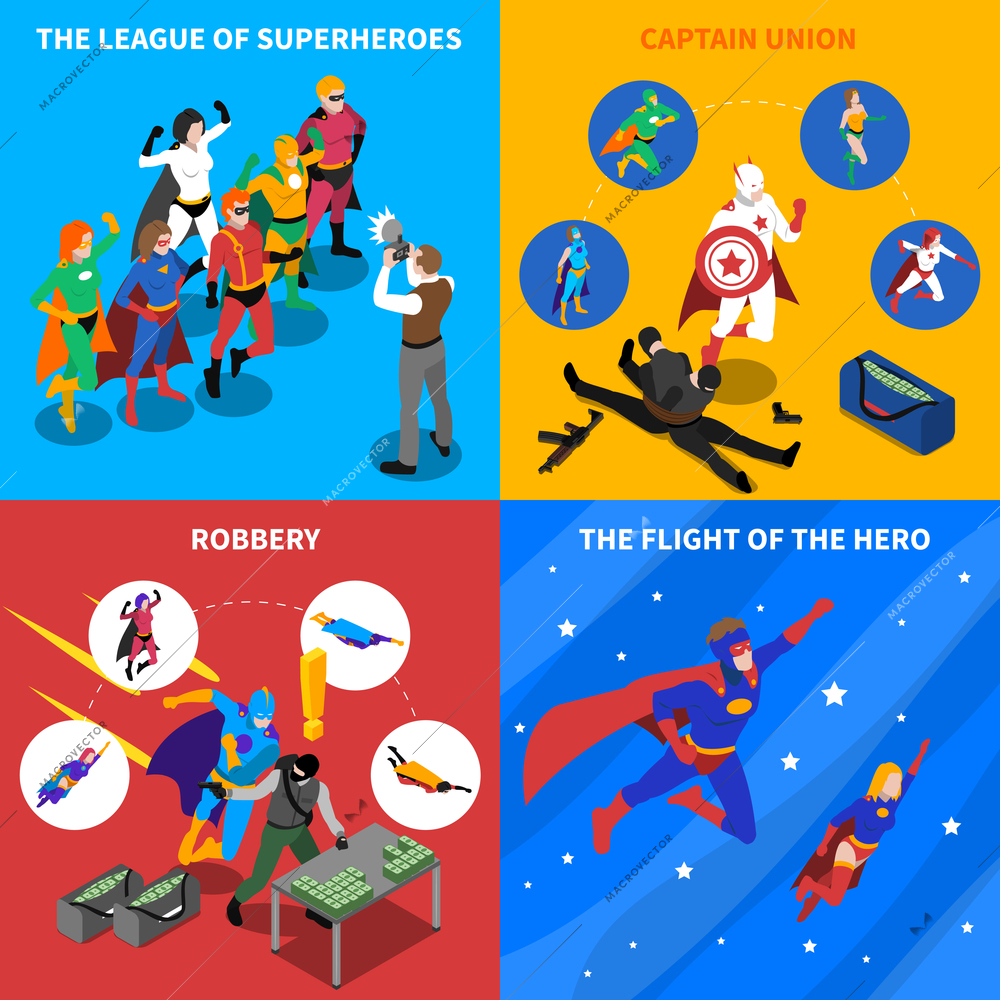 Superhero Isometric Concept. Superhero Icons Set. Superhero Vector Illustration. Superhero People Symbols.Superhero  Design Set.  Superhero Elements Collection.