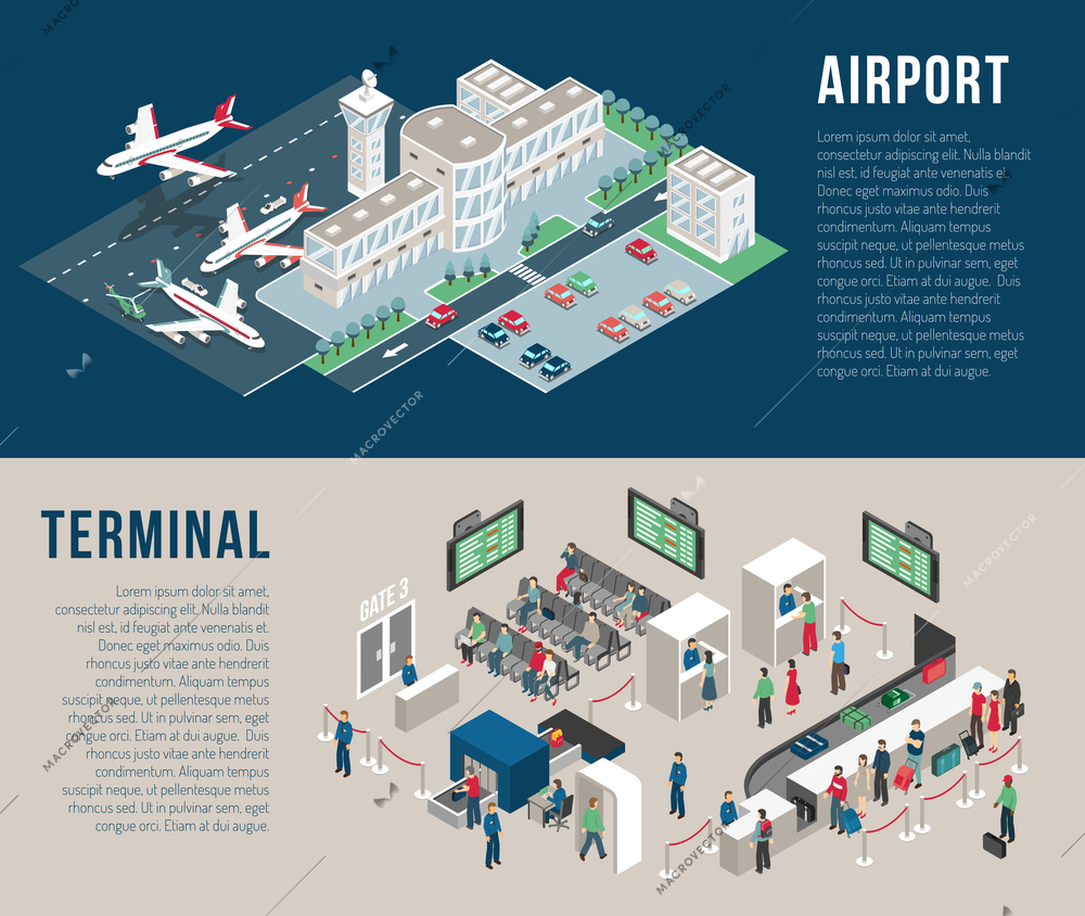 Airport isometric horizontal banners with parking hotel waiting hall front desk police detectors passengers isolated vector illustration