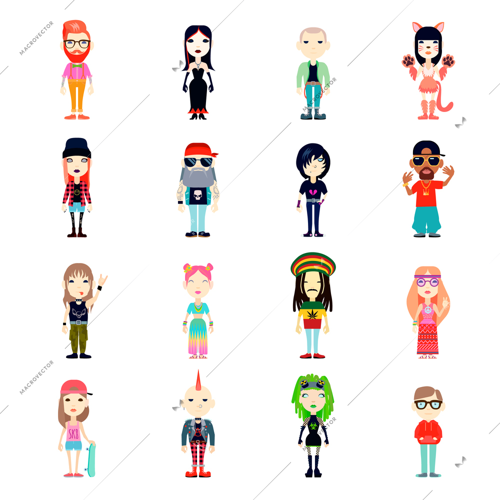 Subcultures Icons Set. Subcultures Vector Illustration. Subcultures People Flat Symbols.Subcultures  Design Set. Subcultures Isolated Set.