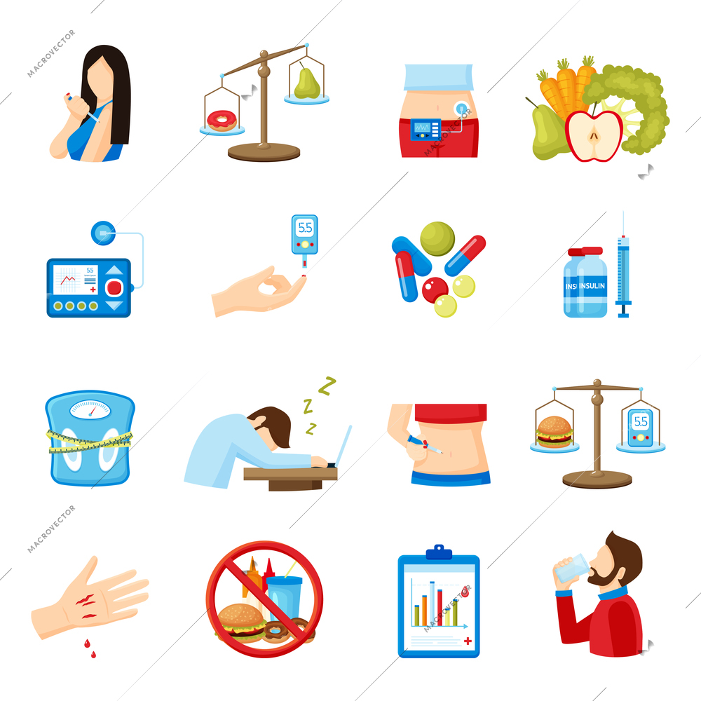 Diabetes signs and symptoms flat icons collection with healthy lifestyle and  insulin injection abstract isolated vector illustration
