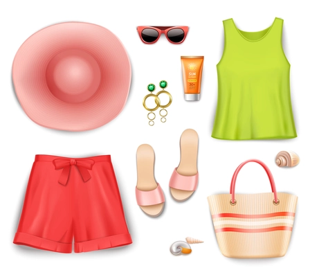 Bright summer beach clothing and accessories set for women flat isolated vector illustration