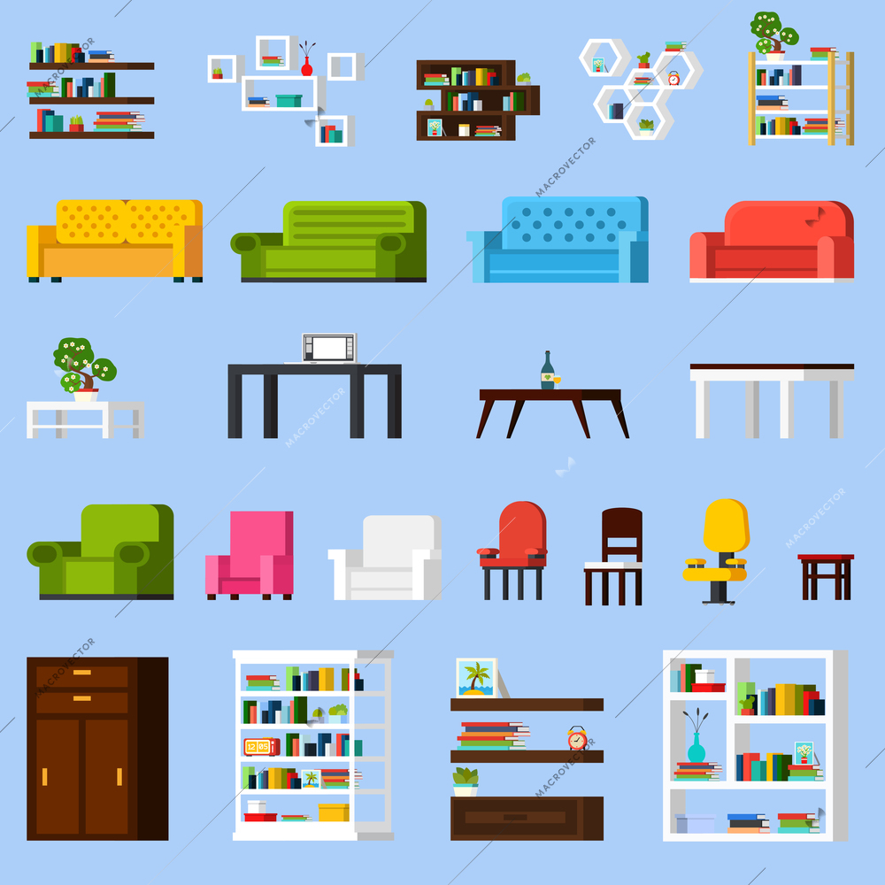 Interior elements orthogonal icon set of different bookshelves sofas tables armchairs chairs and racks isolated vector illustration