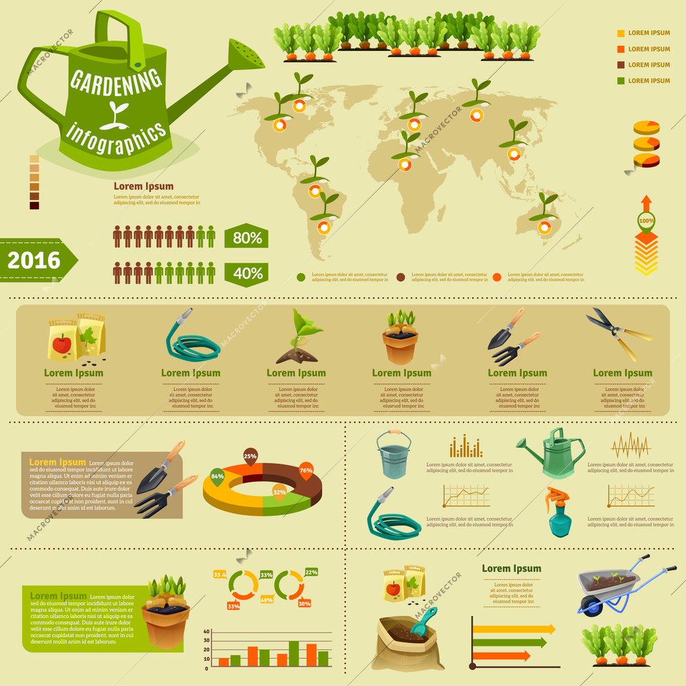 Gardening infographic layout with zoning of seedlings information garden tools presentation and statistics of using fertilizer flat vector illustration