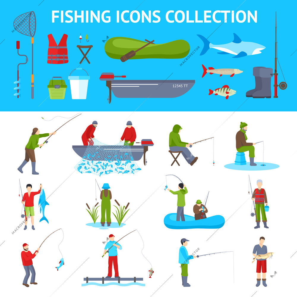 Fishing Gear Equipment Flat Icons Collection Vector Illustration